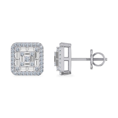 10K White Gold Round Baguette Diamond Square Shape Stud Earrings 3/8 Ctw