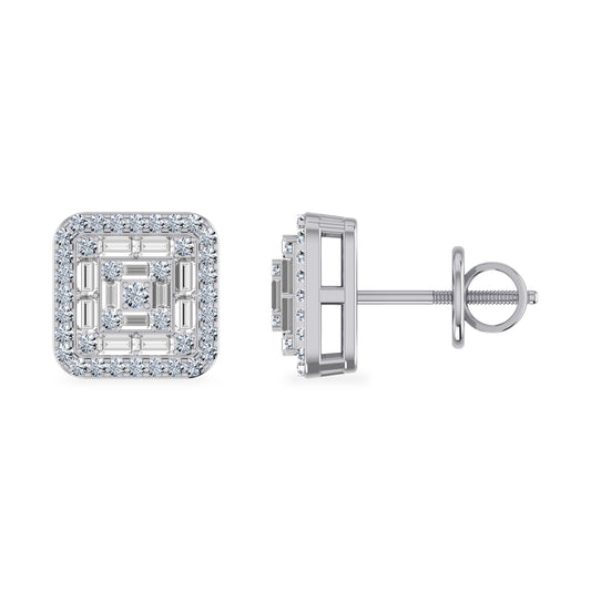 10K White Gold Round Baguette Diamond Square Shape Stud Earrings 3/8 Ctw