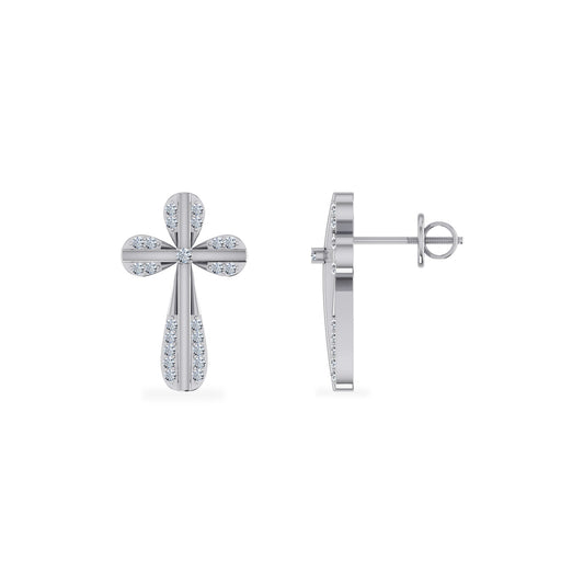 10K White Gold Round Diamond Cross Religious Stud Earrings 1/8 Ctw