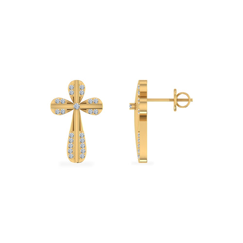 10K Yellow Gold Round Diamond Cross Religious Stud Earrings 1/8 Ctw