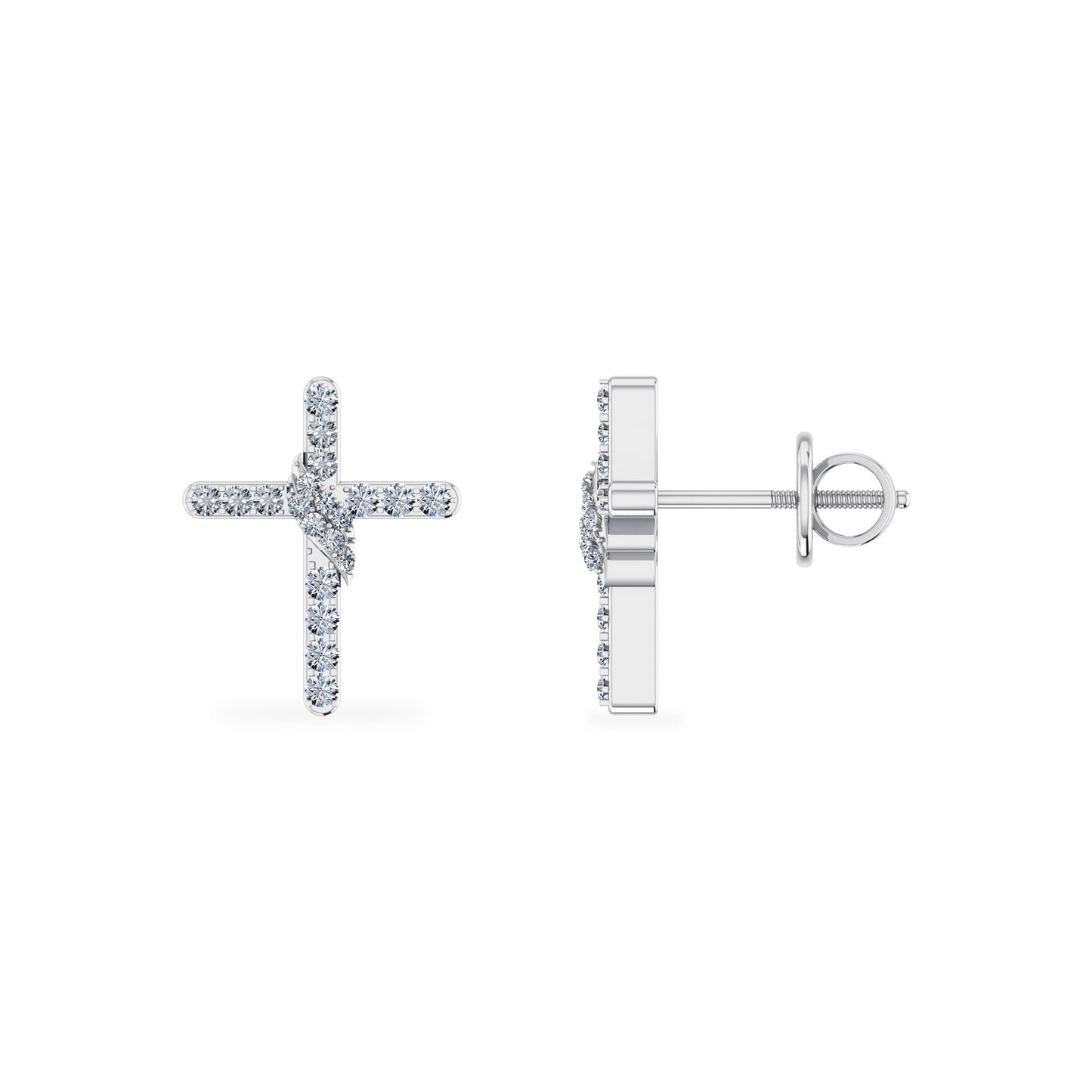 10K White Gold Round Diamond Cross Religious Stud Earrings 1/6 Ctw