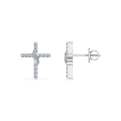 10K White Gold Round Diamond Cross Religious Stud Earrings 1/6 Ctw