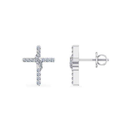 10K White Gold Round Diamond Cross Religious Stud Earrings 1/6 Ctw