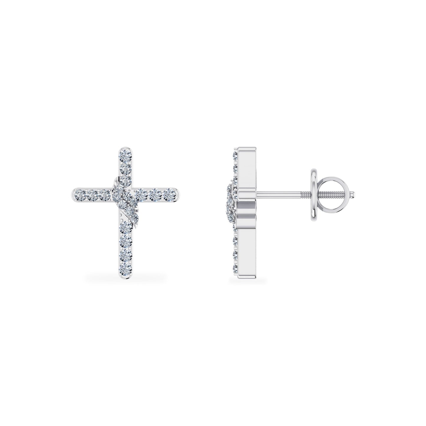 10K White Gold Round Diamond Cross Religious Stud Earrings 1/6 Ctw