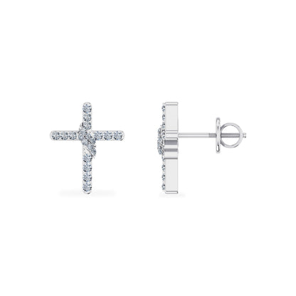 10K White Gold Round Diamond Cross Religious Stud Earrings 1/6 Ctw