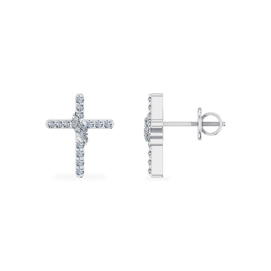 10K White Gold Round Diamond Cross Religious Stud Earrings 1/6 Ctw