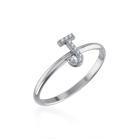10K White Gold Womens Round Diamond J Initial Letter Ring 1/25 Ctw