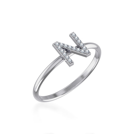 10K White Gold Womens Round Diamond N Initial Letter Ring 1/20 Ctw