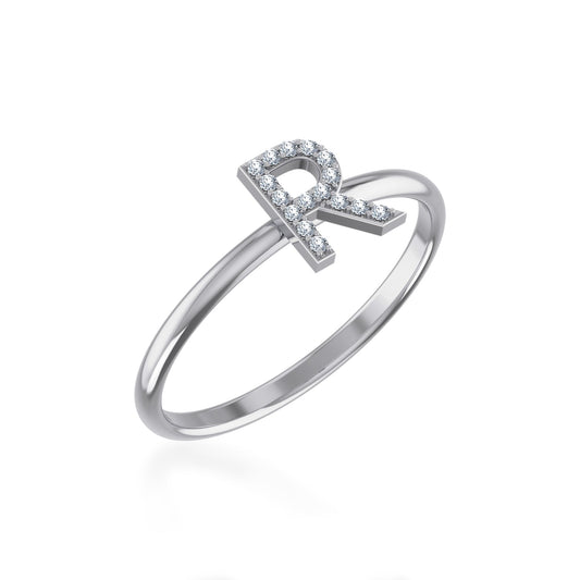 10K White Gold Womens Round Diamond R Initial Letter Ring 1/25 Ctw