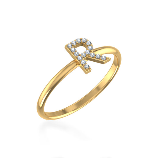 10K Yellow Gold Womens Round Diamond R Initial Letter Ring 1/25 Ctw