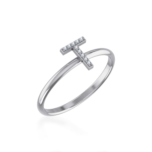 10K White Gold Womens Round Diamond T Initial Letter Ring 1/25 Ctw