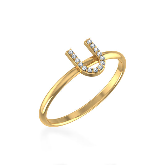 10K Yellow Gold Womens Round Diamond U Initial Letter Ring 1/25 Ctw