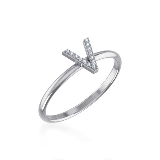 10K White Gold Womens Round Diamond V Initial Letter Ring 1/25 Ctw