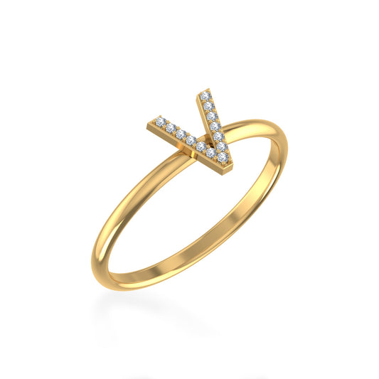 10K Yellow Gold Womens Round Diamond V Initial Letter Ring 1/25 Ctw
