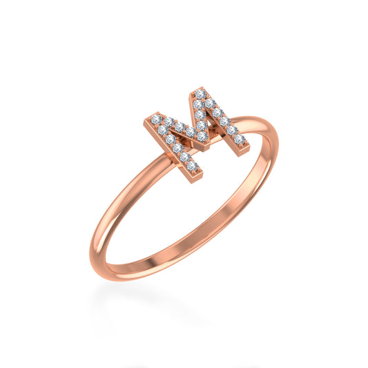 10K Rose Gold Womens Round Diamond M Initial Letter Ring 1/10 Ctw
