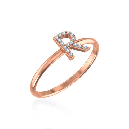 10K Rose Gold Womens Round Diamond R Initial Letter Ring 1/25 Ctw