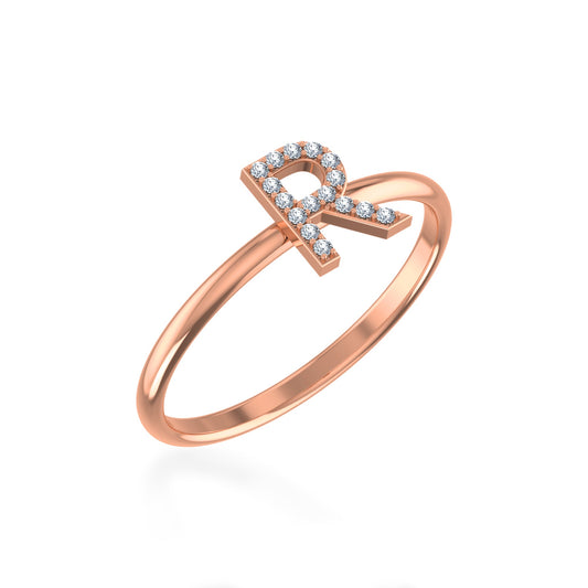 10K Rose Gold Womens Round Diamond R Initial Letter Ring 1/25 Ctw