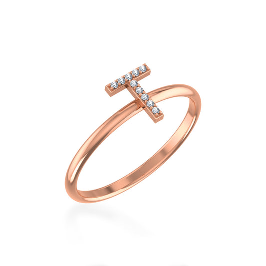 10K Rose Gold Womens Round Diamond T Initial Letter Ring 1/25 Ctw
