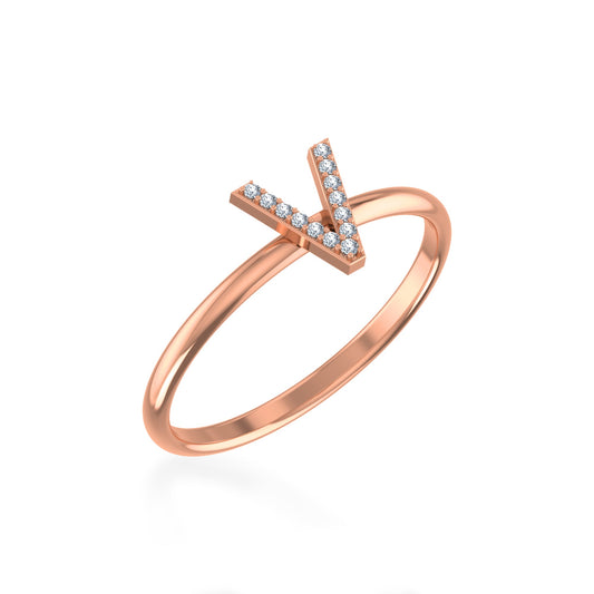10K Rose Gold Womens Round Diamond V Initial Letter Ring 1/25 Ctw