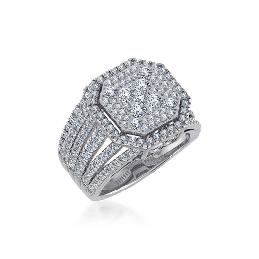 10K White Gold Round Diamond Halo Big Bridal Cluster Ring 2-1/6 Ctw