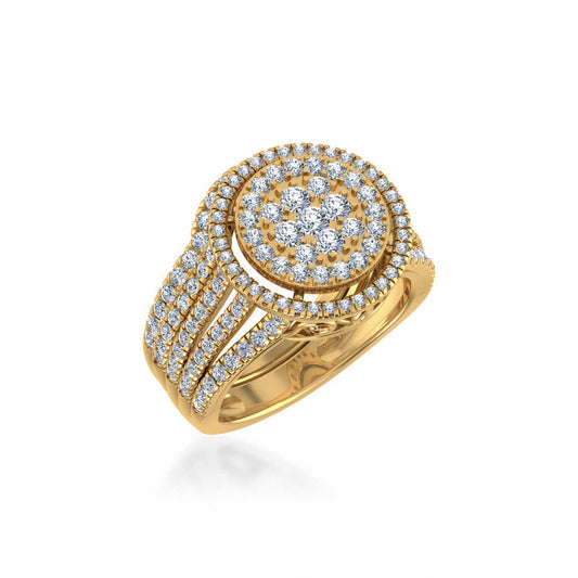 10K Yellow Gold Round Diamond Halo Big Bridal Cluster Ring 1-5/8 Ctw