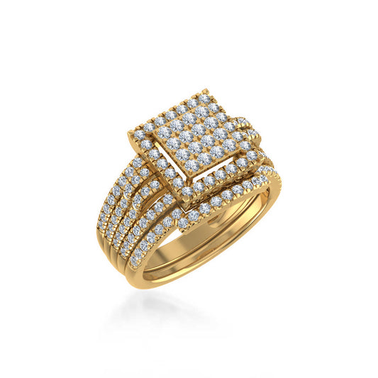10K Yellow Gold Round Diamond Halo Big Bridal Cluster Ring 1-1/4 Ctw