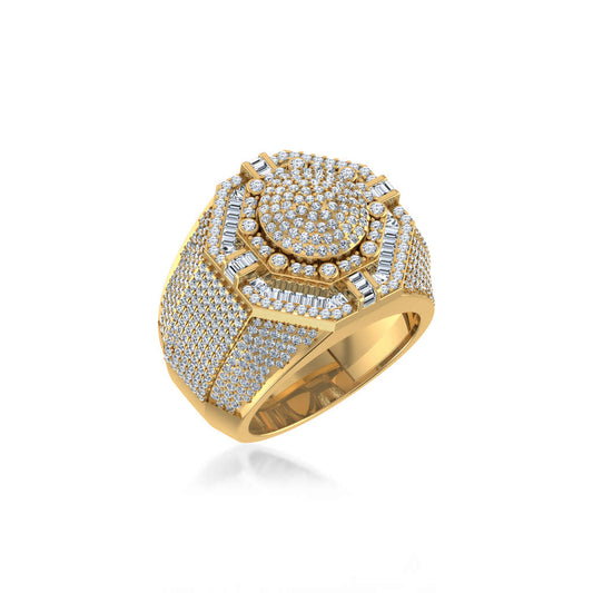 10K Yellow Gold Round Baguette Diamond Halo Big Mens Ring 2-1/2 Ctw