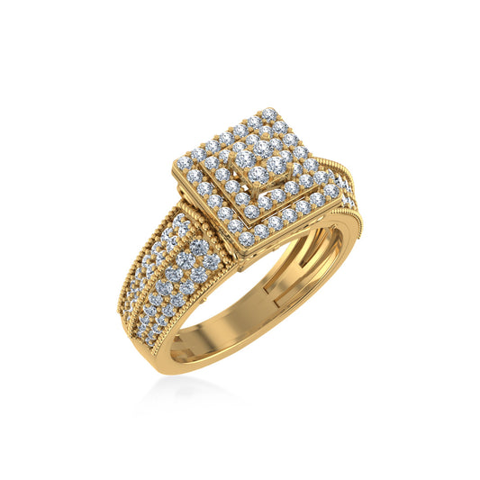 10K Yellow Gold Round Diamond Square Shape Size 7 Head Ladies Ring 1 Ctw