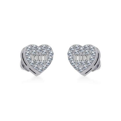 10K White Gold Round Baguette Diamond Heart Shape Cluster Stud Earring 1/5 Ctw