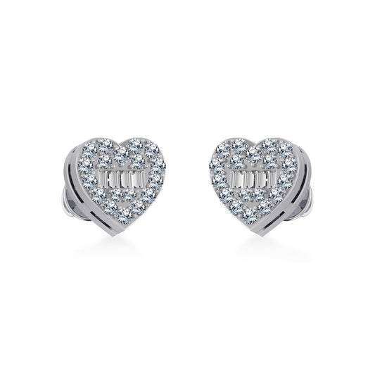 10K White Gold Round Baguette Diamond Heart Shape Cluster Stud Earring 1/5 Ctw