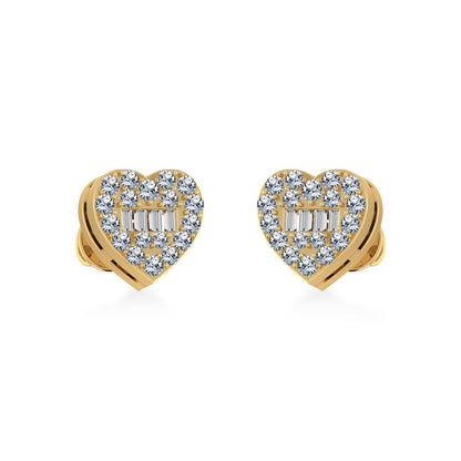 10K Yellow Gold Round Baguette Diamond Heart Shape Cluster Stud Earrings 1/5 Ctw