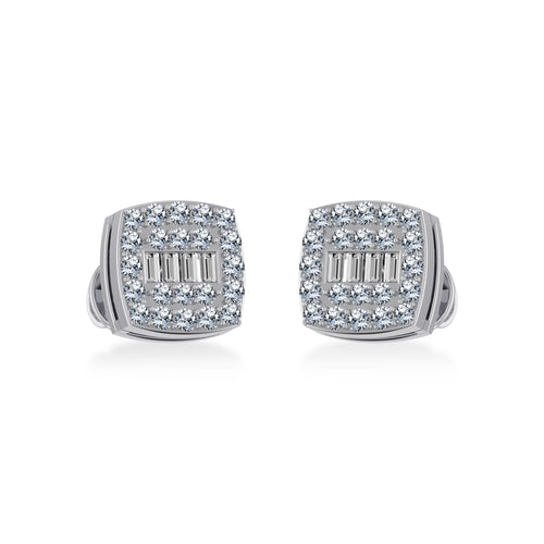 10K White Gold Round Baguette Diamond Square Shape Cluster Stud Earring 1/4 Ctw