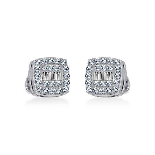 10K White Gold Round Baguette Diamond Square Shape Cluster Stud Earring 1/4 Ctw