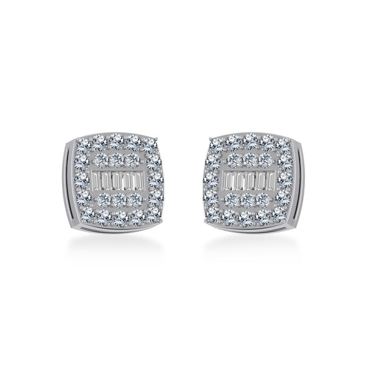 10K White Gold Round Baguette Diamond Square Shape Cluster Stud Earring 1/2 Ctw