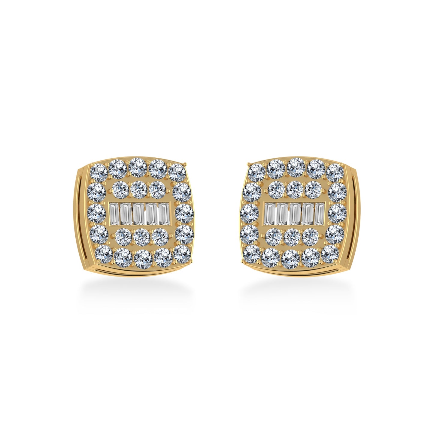 10K Yellow Gold Round Baguette Diamond Square Shape Cluster Stud Earring 1/2 Ctw