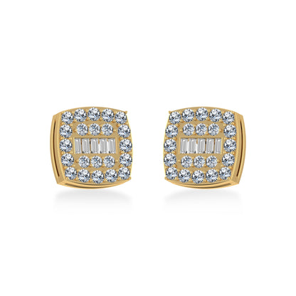 10K Yellow Gold Round Baguette Diamond Square Shape Cluster Stud Earring 1/2 Ctw