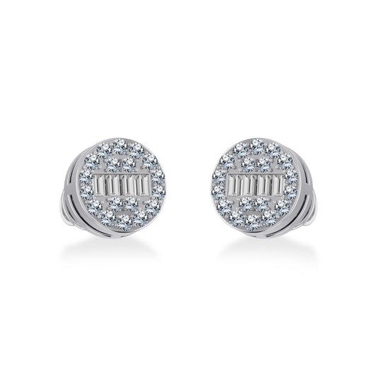 10K White Gold Round Baguette Diamond Cluster Stud Earrings 1/5 Ctw