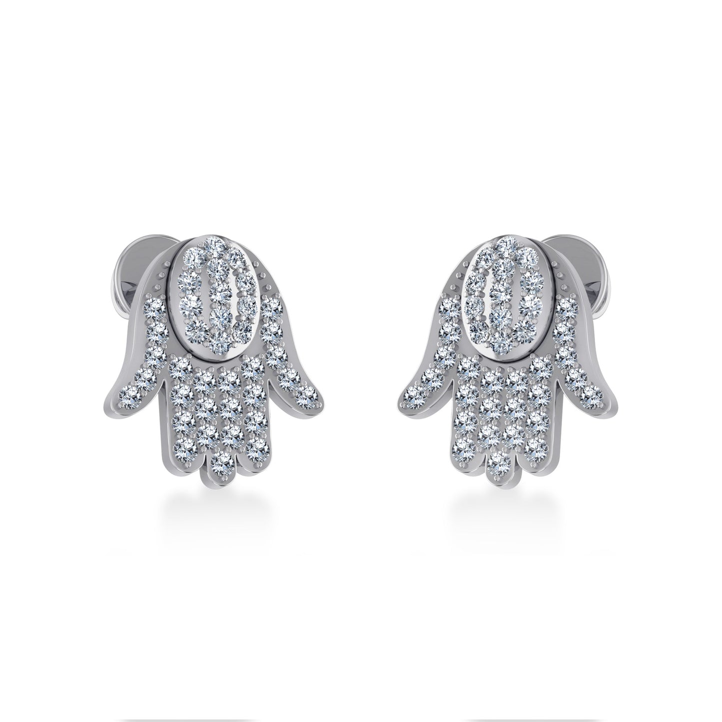 10K White Gold Round Baguette Diamond Hamza Hand Religious Stud Earring 1/5 Ctw