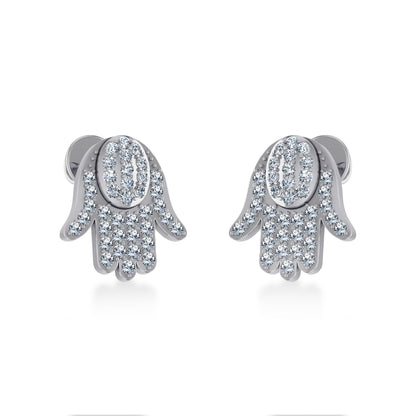 10K White Gold Round Baguette Diamond Hamza Hand Religious Stud Earring 1/5 Ctw