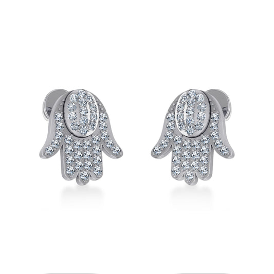 10K White Gold Round Baguette Diamond Hamza Hand Religious Stud Earring 1/5 Ctw