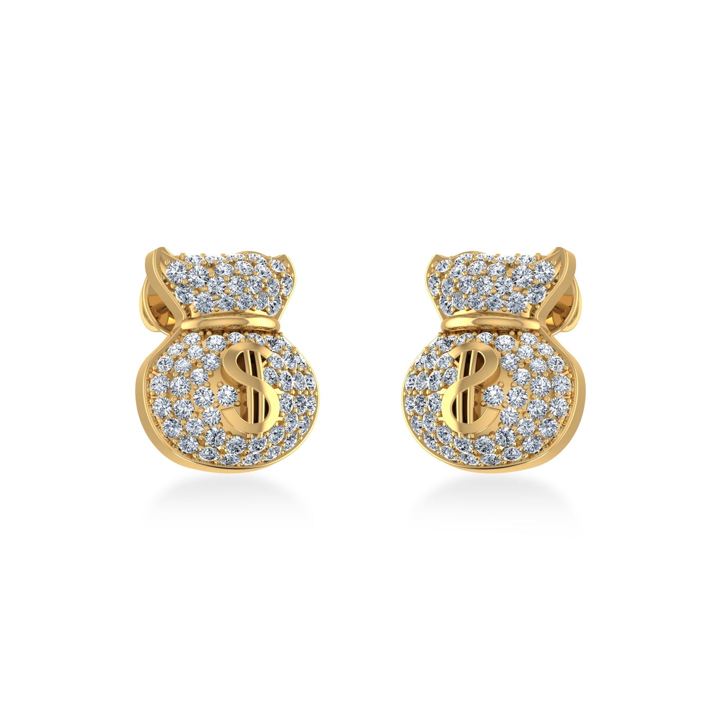 10K Yellow Gold Round Diamond Money Dollar Bag Designer Stud Earrings 1/6 Ctw