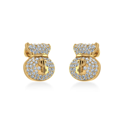 10K Yellow Gold Round Diamond Money Dollar Bag Designer Stud Earrings 1/6 Ctw