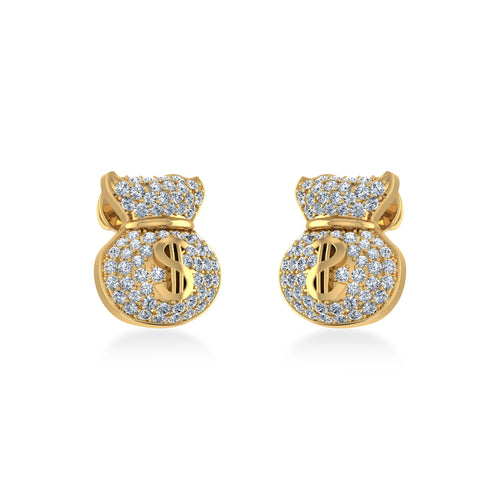 10K Yellow Gold Round Diamond Money Dollar Bag Designer Stud Earrings 1/6 Ctw