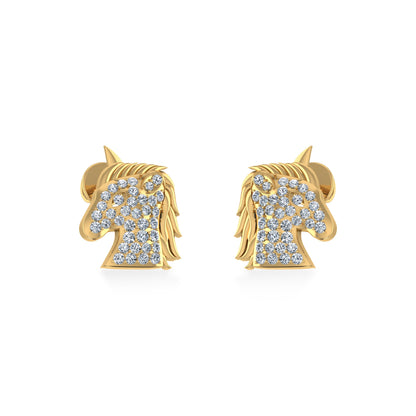 10K Yellow Gold Round Diamond Horse Animal Designer Stud Earring 1/5 Ctw