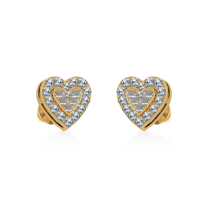 10K Yellow Gold Round Baguette Diamond Heart Shape Stud Earrings 3/8 Ctw