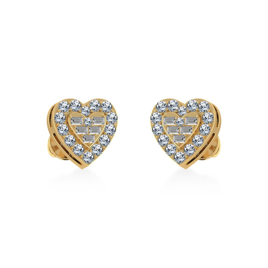 10K Yellow Gold Round Baguette Diamond Heart Shape Stud Earrings 3/8 Ctw