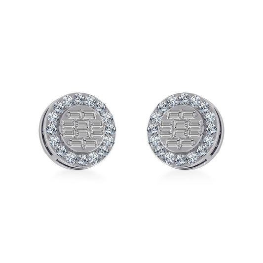 10K White Gold Round Baguette Diamond Stud Earring 1/2 Ctw