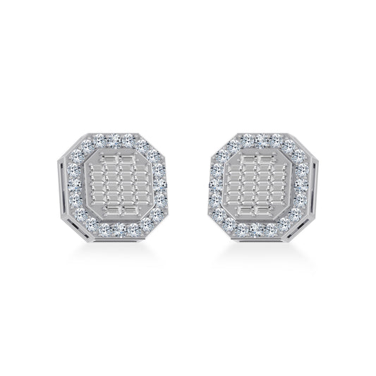 10K White Gold Diamond Designer Stud Earring 7/8 Ctw
