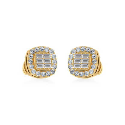 10K Yellow Gold Round Baguette Diamond Square Shape Stud Earrings 1/3 Ctw