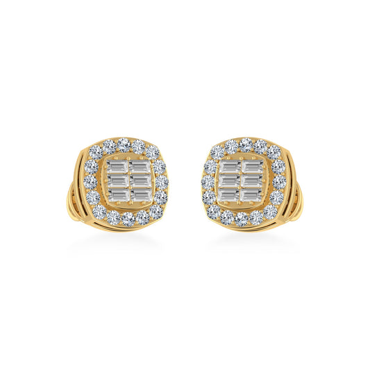 10K Yellow Gold Round Baguette Diamond Square Shape Stud Earrings 1/3 Ctw